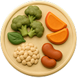 Balanced meal with vegetables, fruit, grains and protein