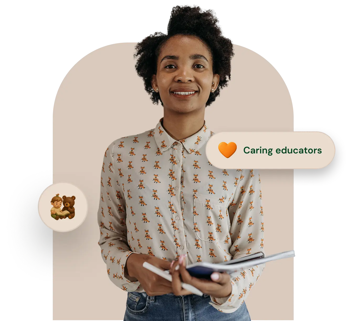 Smiling childcare educator holding a notebook