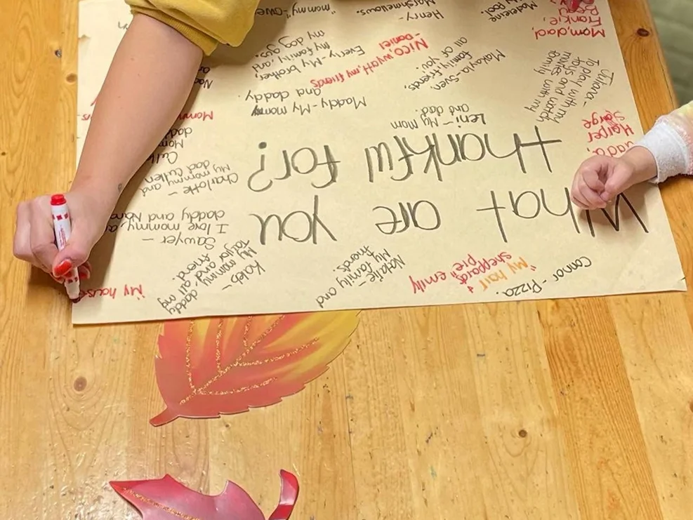 Children sharing what they are thankful for during a classroom activity at Learning Together Childcare